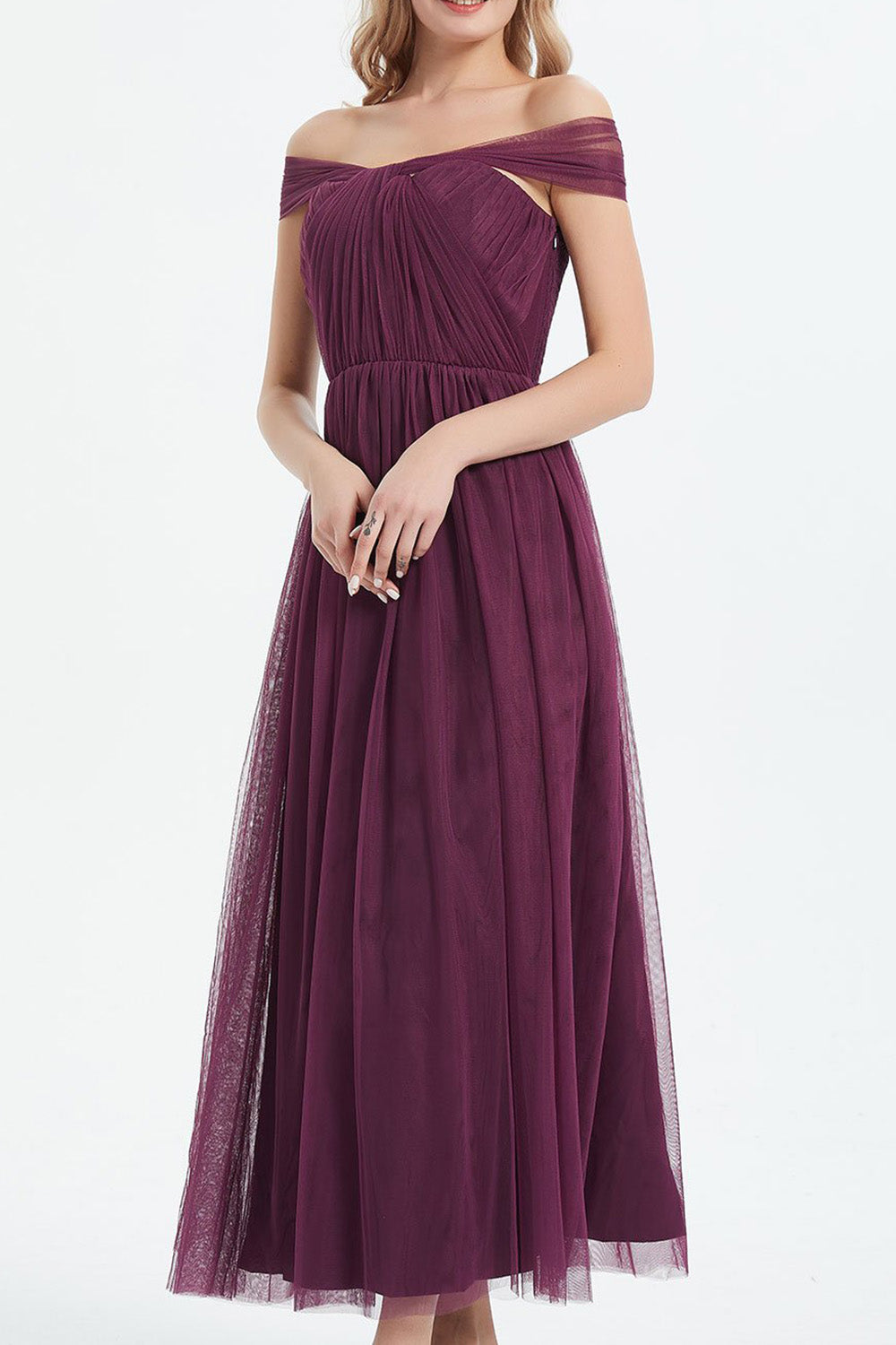 コンバーチブルロングドレス・チュールバーガンディ・フリーサイズ（ビジューベルト付き）