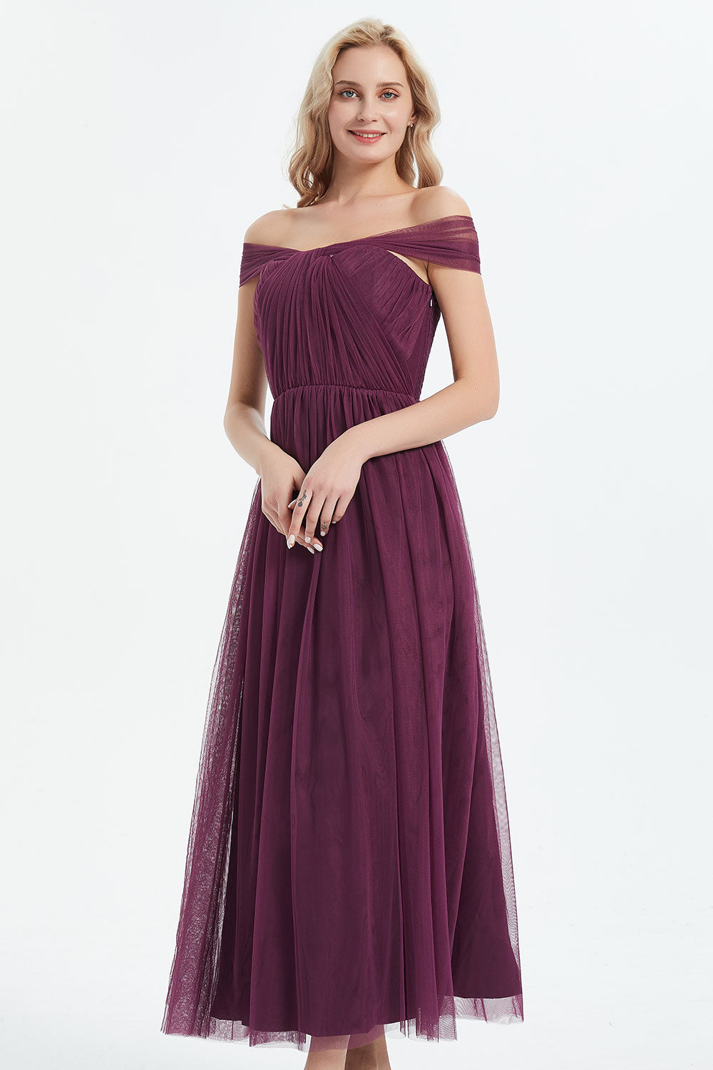 コンバーチブルロングドレス・チュールバーガンディ・フリーサイズ（ビジューベルト付き）・丈詰めタイプ