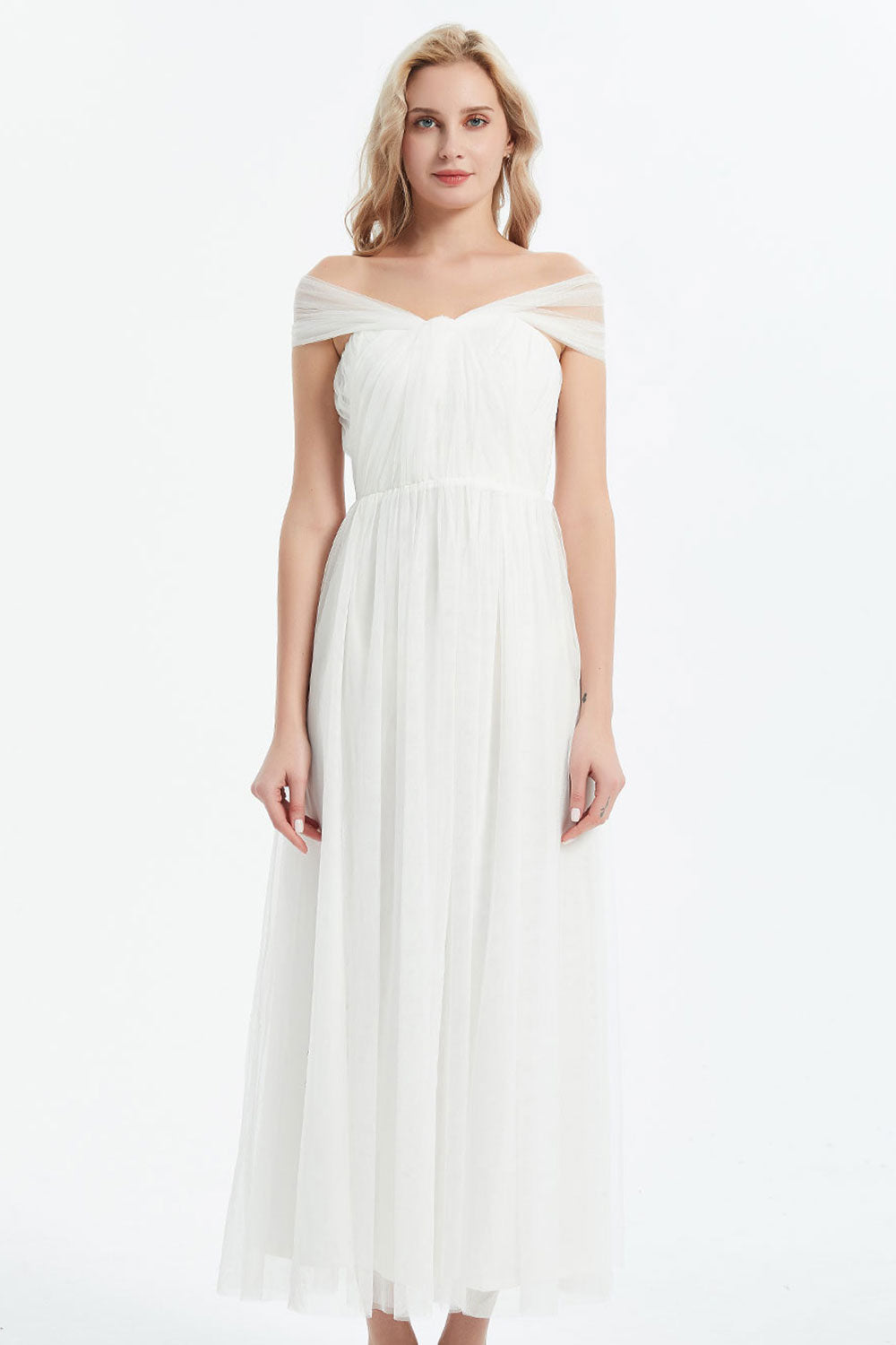 コンバーチブルロングドレス・チュールホワイト・フリーサイズ（ビジューベルト付き）・丈詰めタイプ